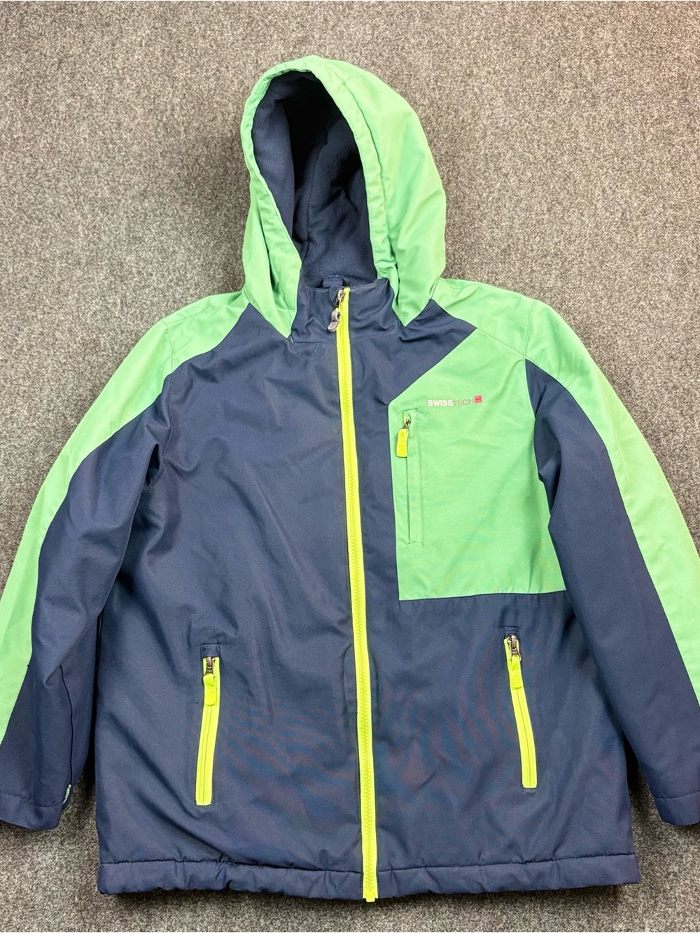 Swiss Tech Colorblock Hooded Fleece Lined Jacket Green Navy L (10-12) Boys